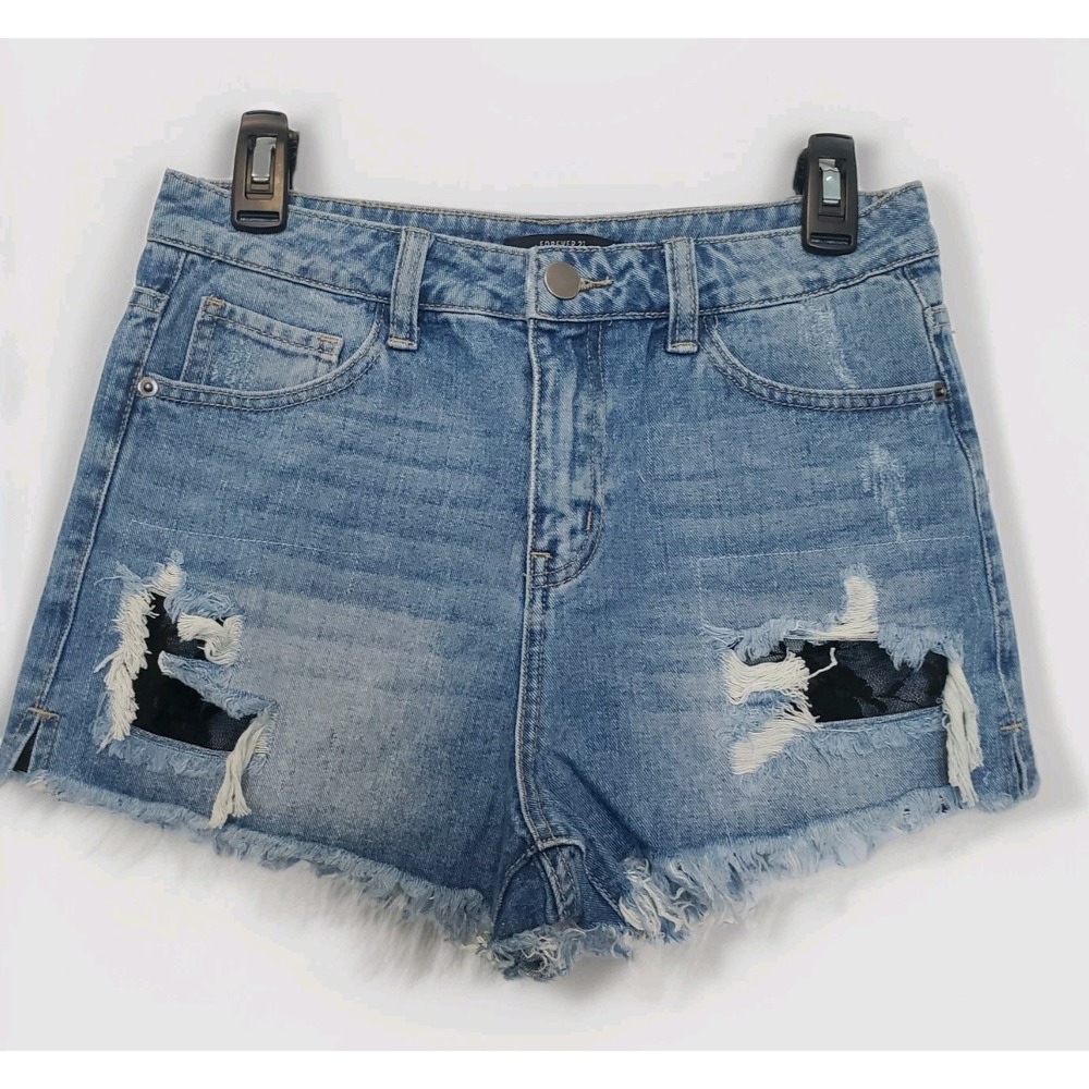 Forever 21 Women's Med High Rise Cut Offs Distressed Denim Lace Cutout Shorts